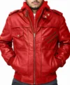 Buy Mens Red Hooded Leather Bomber Jacket