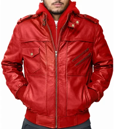 Buy Mens Red Hooded Leather Bomber Jacket