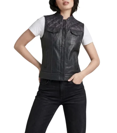 Ladies Black Purple Stitch Diamond Quilted Club Leather Vest