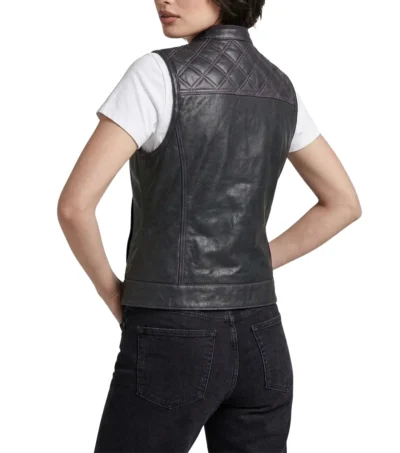 Ladies Black Purple Stitch Diamond Quilted Club Leather Vest back