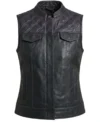 Ladies Black Purple Stitch Diamond Quilted Club Leather Vest front view