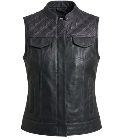 Ladies Black Purple Stitch Diamond Quilted Club Leather Vest front view