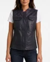Ladies Black Purple Stitch Diamond Quilted Club Leather Vest