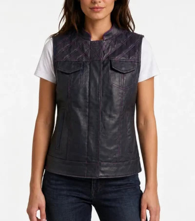 Ladies Black Purple Stitch Diamond Quilted Club Leather Vest