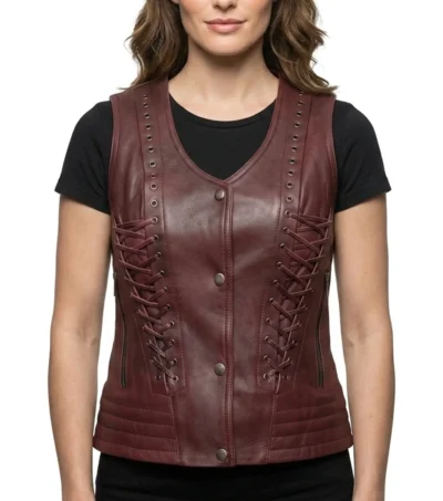Ladies Burgundy Corset Lace Premium Leather Biker Vest