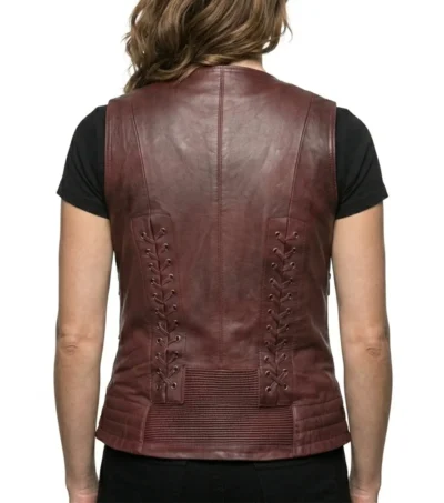 Ladies Burgundy Corset Lace Premium Leather Biker Vest back
