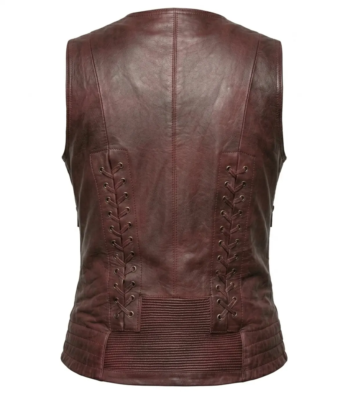 Ladies Burgundy Corset Lace Premium Leather Biker Vest back view