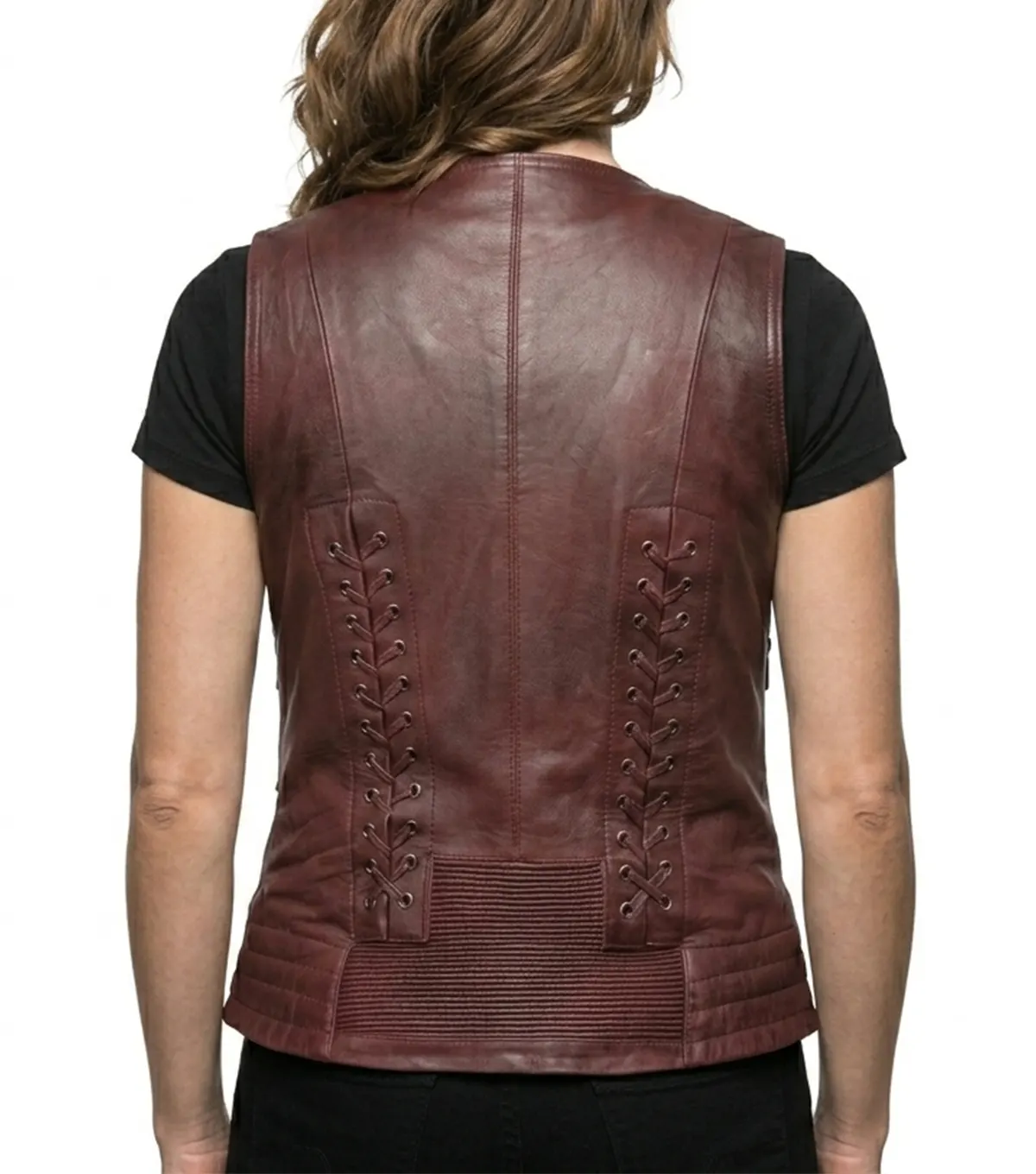 Ladies Burgundy Corset Lace Premium Leather Biker Vest back