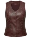 Ladies Burgundy Corset Lace Premium Leather Biker Vest front