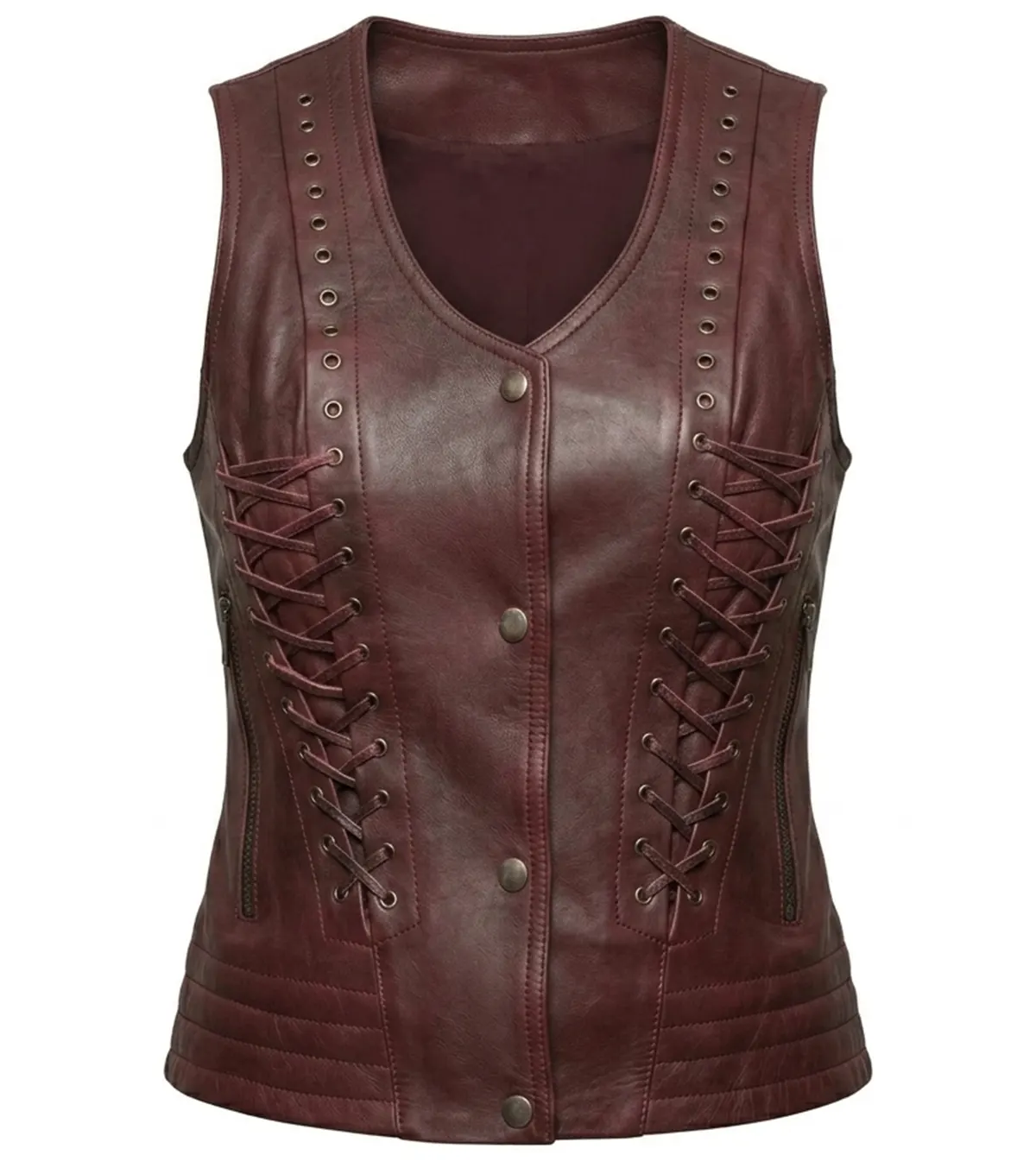 Ladies Burgundy Corset Lace Premium Leather Biker Vest front
