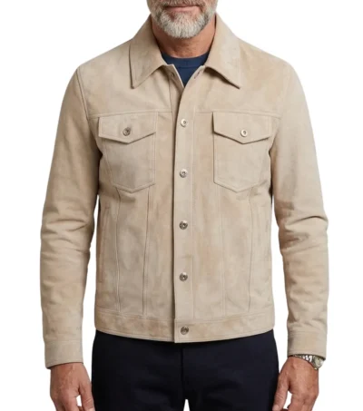 Mens Beige Trucker Style Suede Shirt Jacket