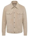 Mens Beige Trucker Style Suede Shirt Jacket front