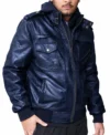 Mens Blue Hooded Leather Bomber Jacket