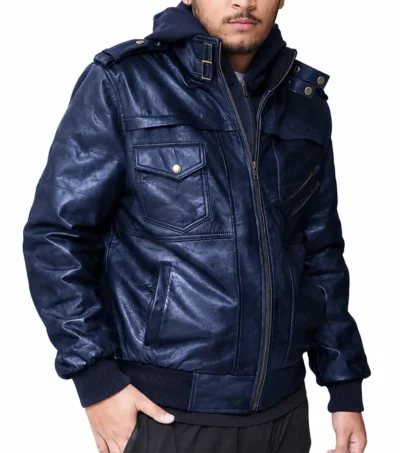 Mens Blue Hooded Leather Bomber Jacket