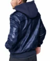 Mens Blue Hooded Leather Bomber Jacket back