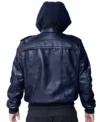 Mens Blue Hooded Leather Bomber Jacket back view