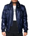Mens Blue Hooded Leather Bomber Jacket front