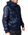 Mens Blue Hooded Leather Bomber Jacket side pose