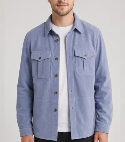 Mens Blue Suede Overshirt Jacket