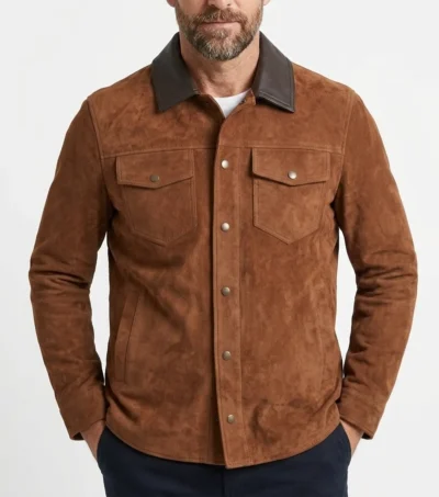 Mens Brown Suede Leather Collar Shirt Jacket