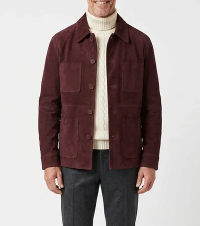 Mens Burgundy Suede Chore Jacket with Four Patch Pockets