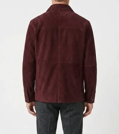 Mens Burgundy Suede Chore Jacket with Four Patch Pockets back