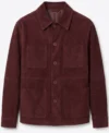 Mens Burgundy Suede Chore Jacket with Four Patch Pockets front