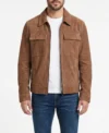 Mens Cognac Brown Zip Suede Shirt Jacket