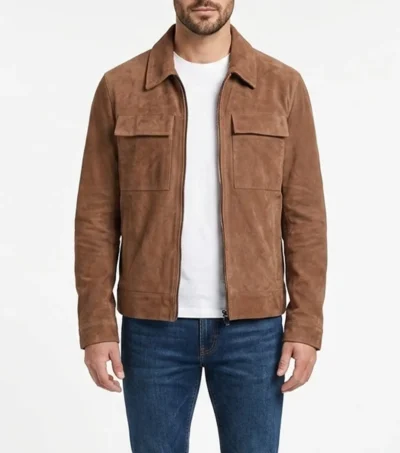 Mens Cognac Brown Zip Suede Shirt Jacket