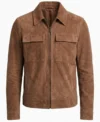 Mens Cognac Brown Zip Suede Shirt Jacket front
