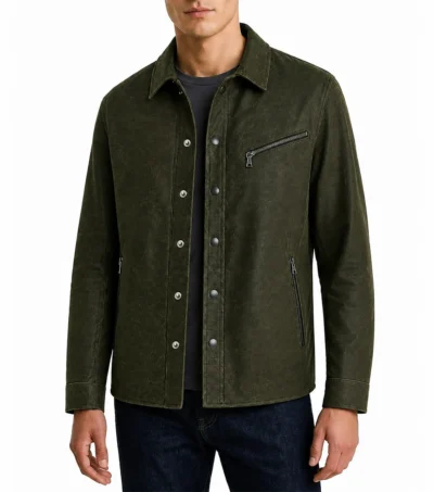 Mens Dark Olive Suede Snap Shirt Jacket