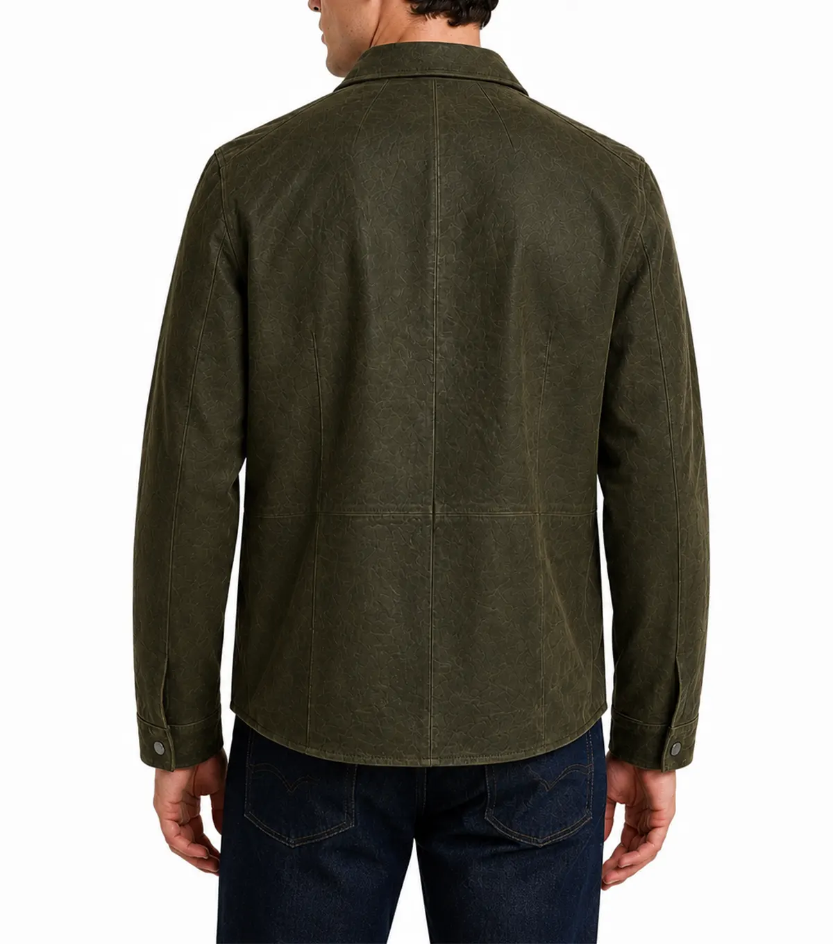 Mens Dark Olive Suede Snap Shirt Jacket - Image 2