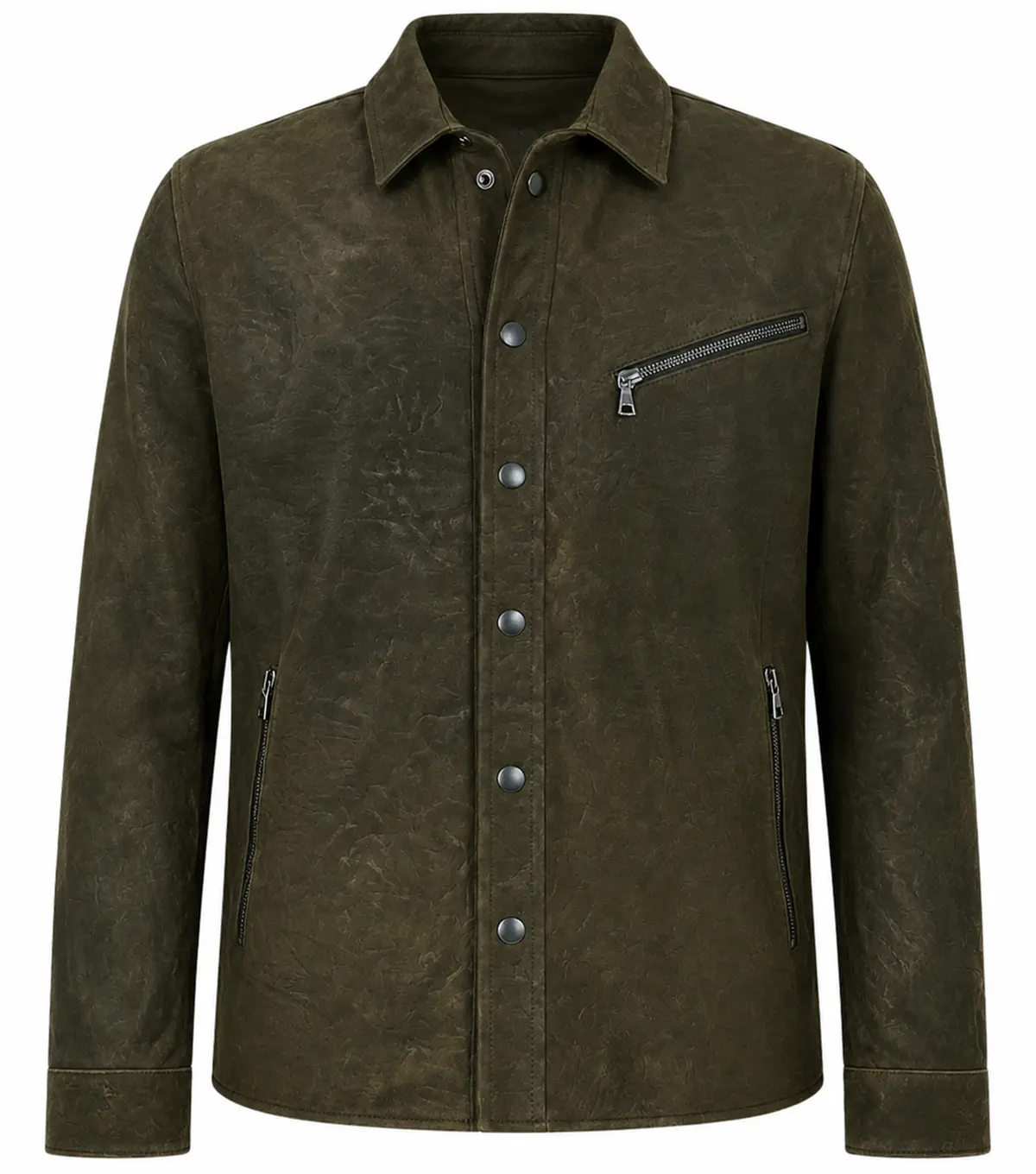 Mens Dark Olive Distressed Suede Shirt Jacket front