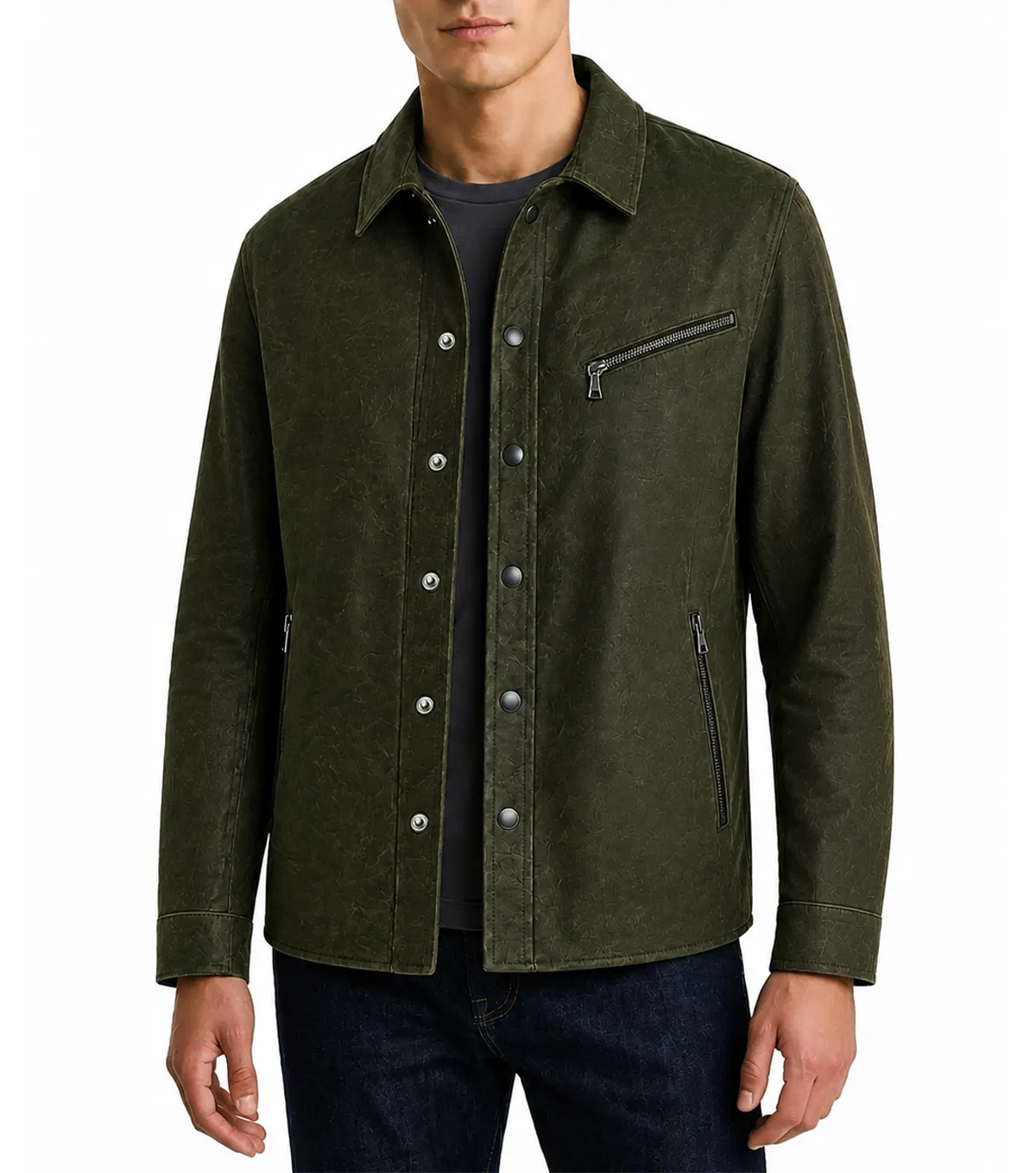 Mens Dark Olive Suede Snap Shirt Jacket