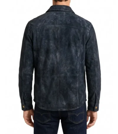 Mens Navy Blue Waxed Distressed Suede Shirt Jacket back