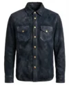 Mens Navy Blue Waxed Distressed Suede Shirt Jacket front