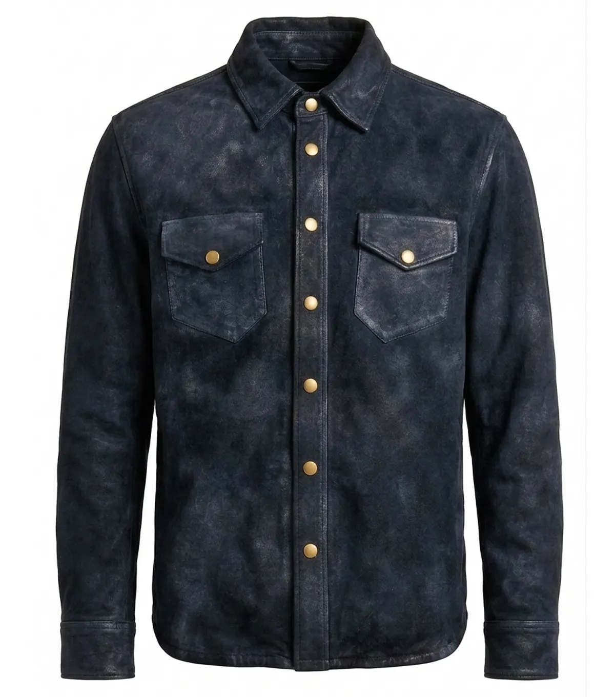 Mens Navy Blue Waxed Distressed Suede Shirt Jacket front