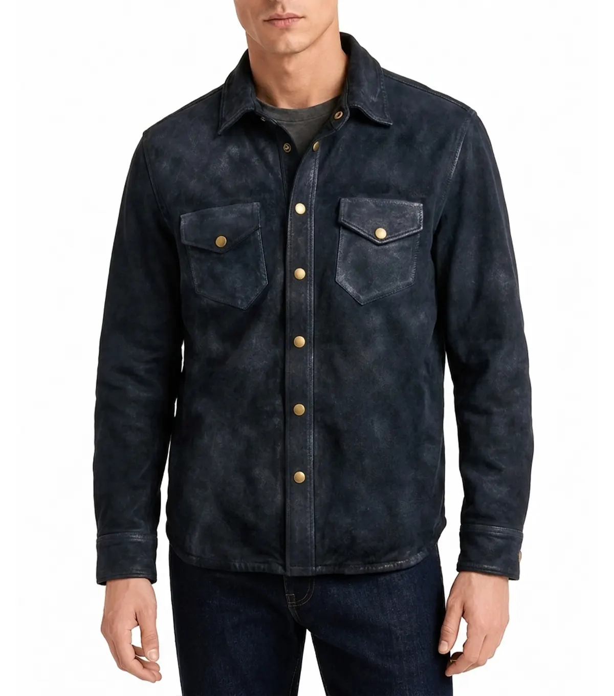 Mens Navy Blue Waxed Distressed Suede Shirt Jacket