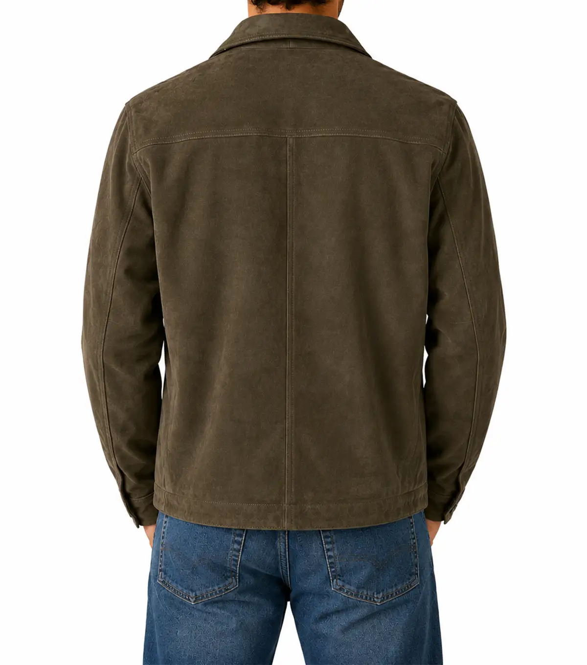 Mens Olive Green Military Suede Shirt Jacket back view