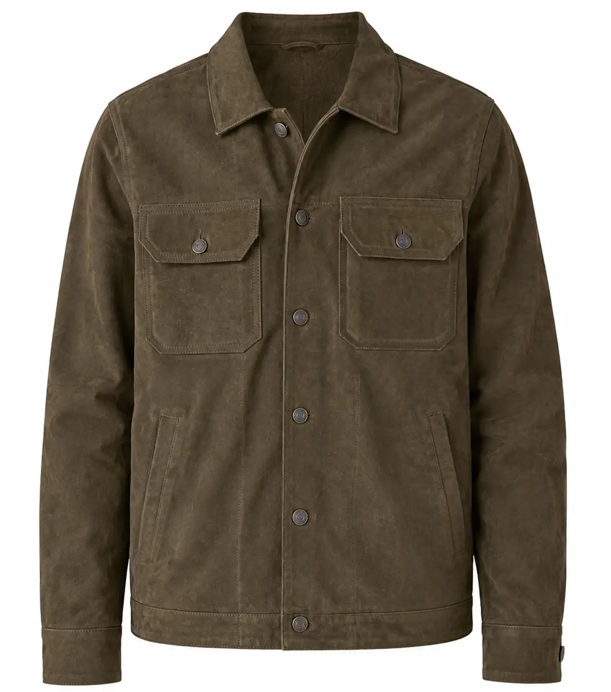 Mens Olive Green Military Suede Shirt Jacket front