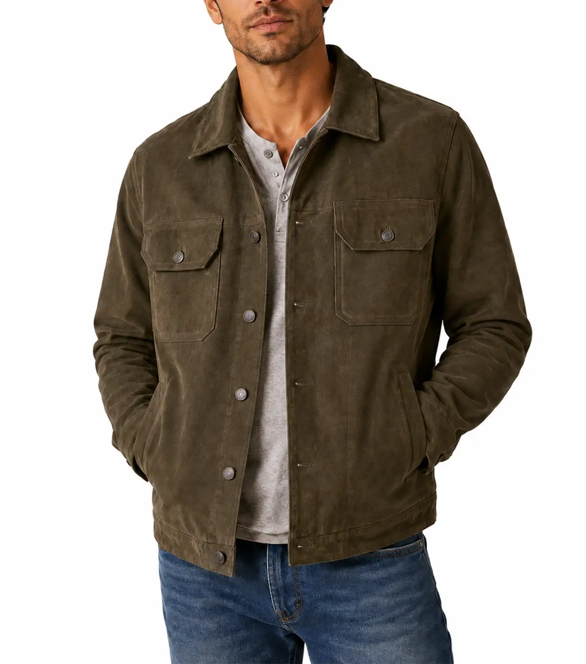 Mens Olive Green Military Suede Shirt Jacket