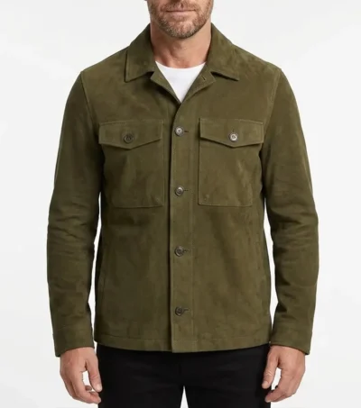 Mens Olive Suede Leather Shirt Jacket