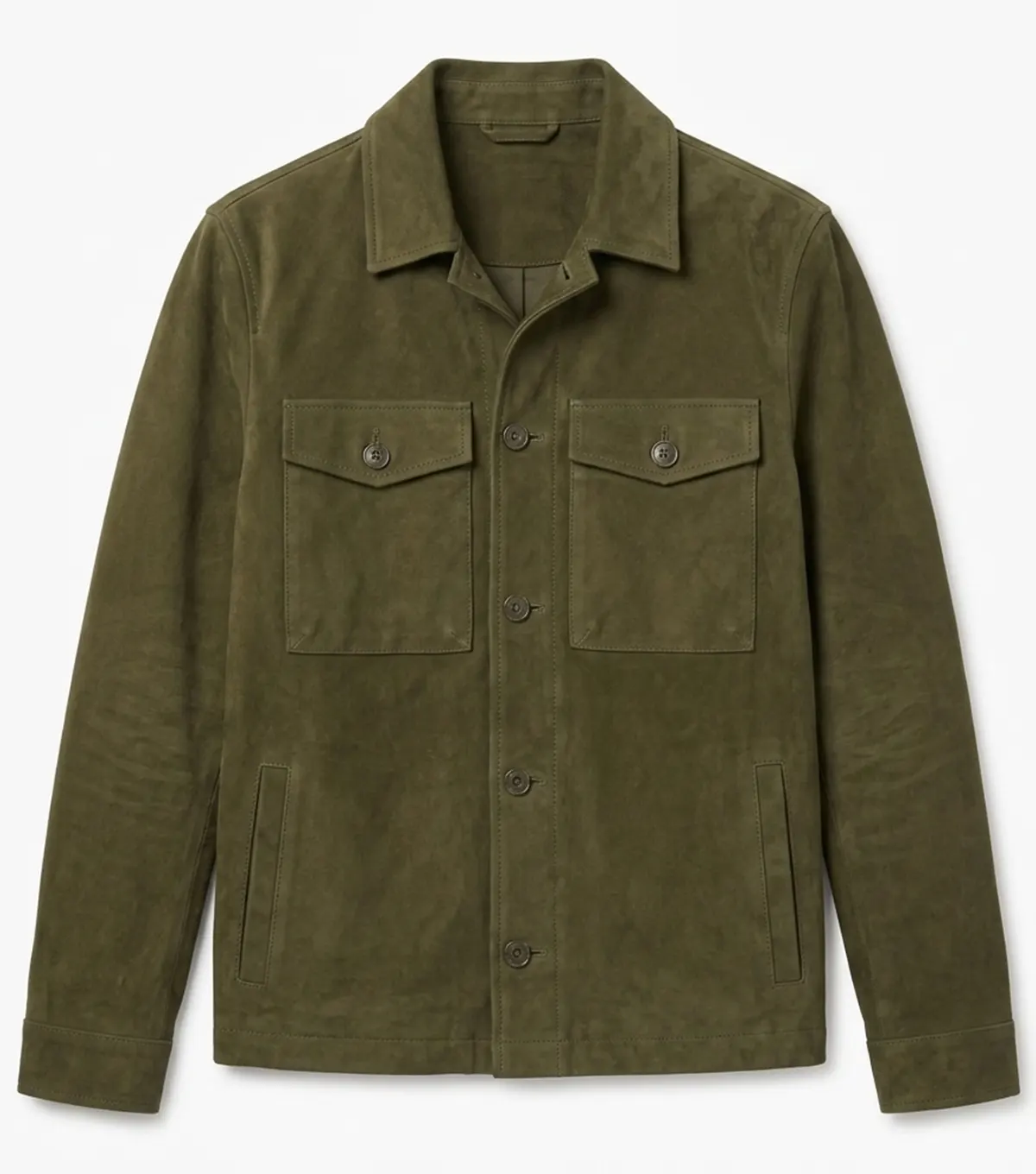 Mens Olive Suede Leather Shirt Jacket front
