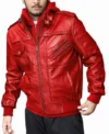 Mens Red Hooded Leather Bomber Jacket