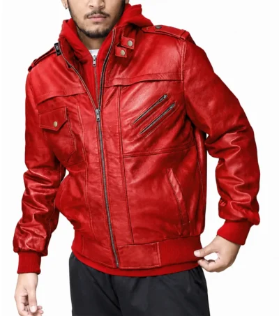 Mens Red Hooded Leather Bomber Jacket