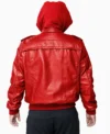 Mens Red Hooded Leather Bomber Jacket back