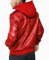 Mens Red Hooded Leather Bomber Jacket back pose