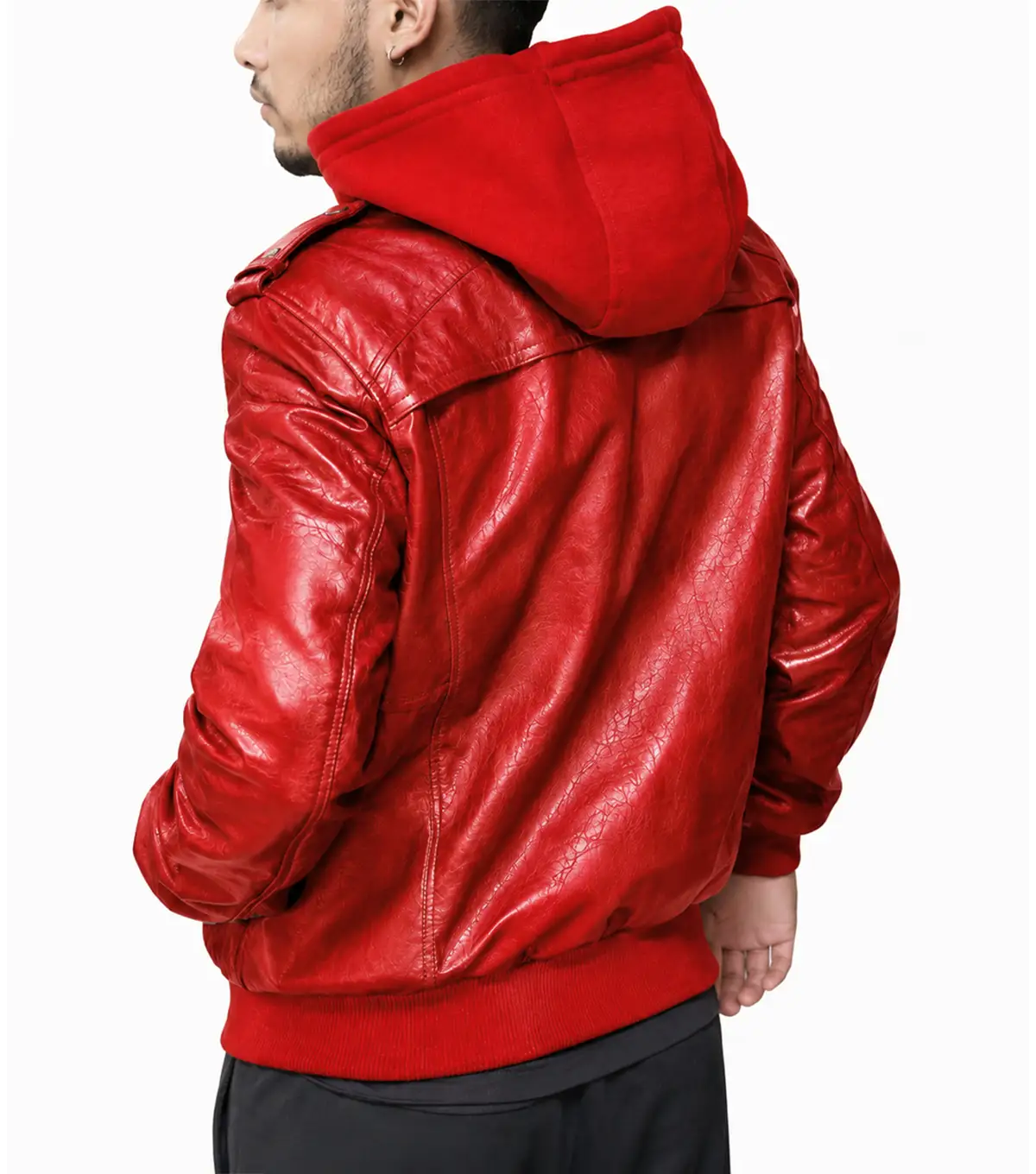 Mens Red Hooded Leather Bomber Jacket back pose