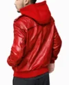 Mens Red Hooded Leather Bomber Jacket back side pose