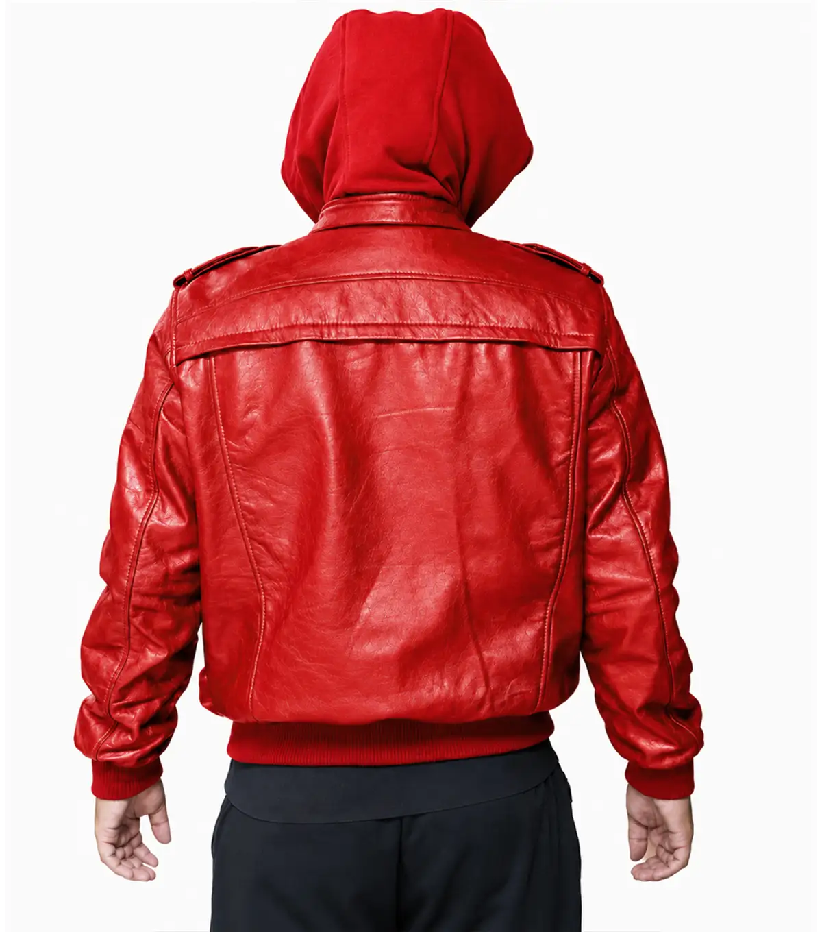 Mens Red Hooded Leather Bomber Jacket back